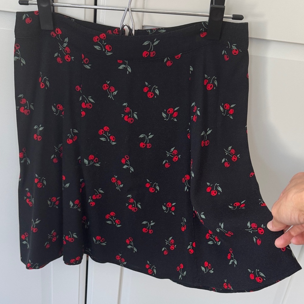 Cherry Print Black A-Line Skirt